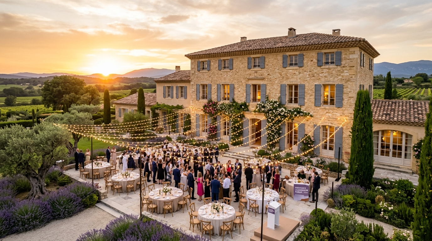 Bastide en pierre et terrasse de réception au couchant.